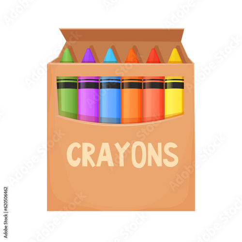 Wax crayons in carton box in cartoon style isolated on white background. Preschool palette, pencils for education.