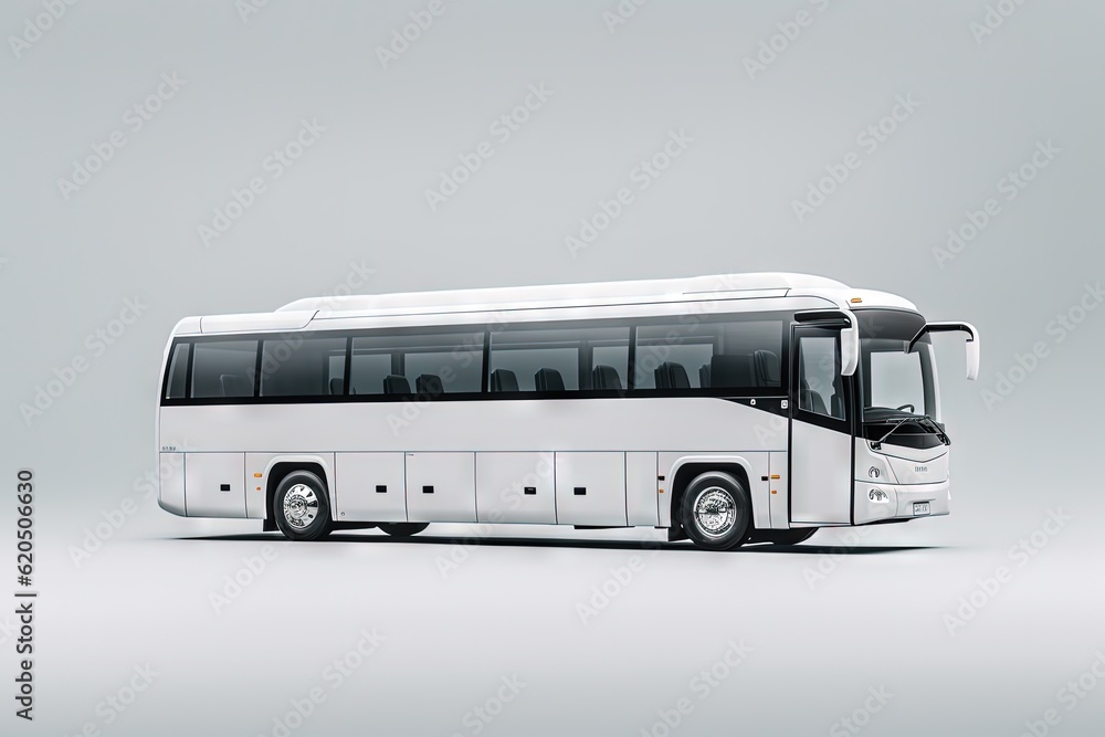 Contemporary white bus on gray backdrop. Generative AI