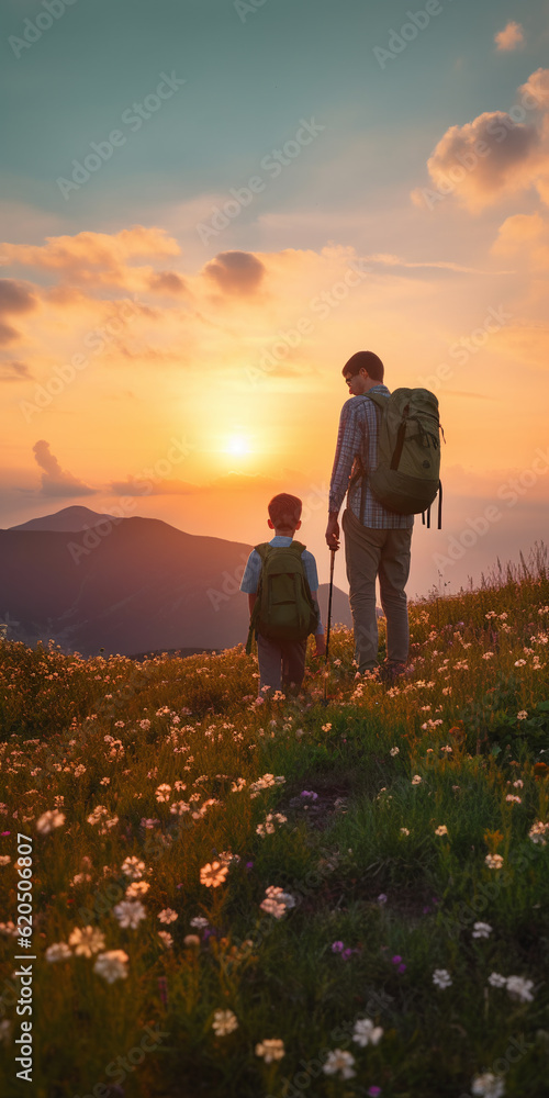 Generative AI, father and son travel in the mountains with backpacks ...