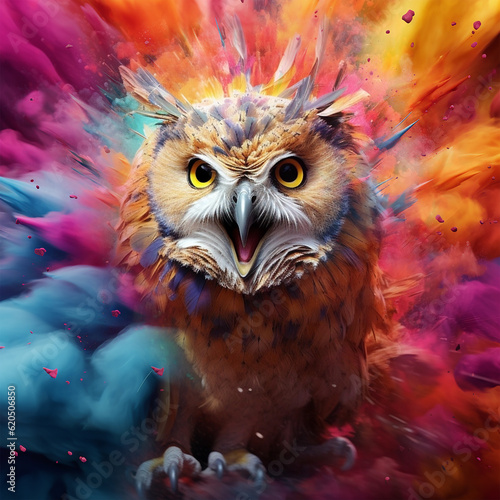 Holi owl! Owl in the color run. Generative AI © dellingersyd.ai