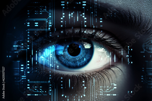 female eye in the process of scanning. close-up. technology of the future security. ai generative
