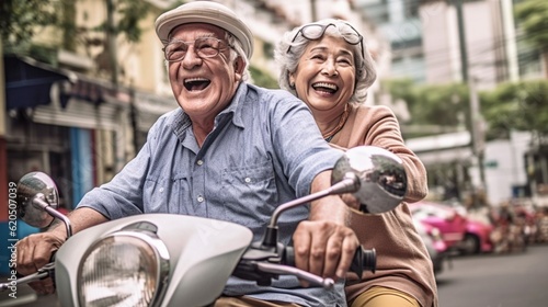 Concept: life and rest of pensioners. Happy couple of old people riding a scooter on a trip to Asia, active seniors. created by AI