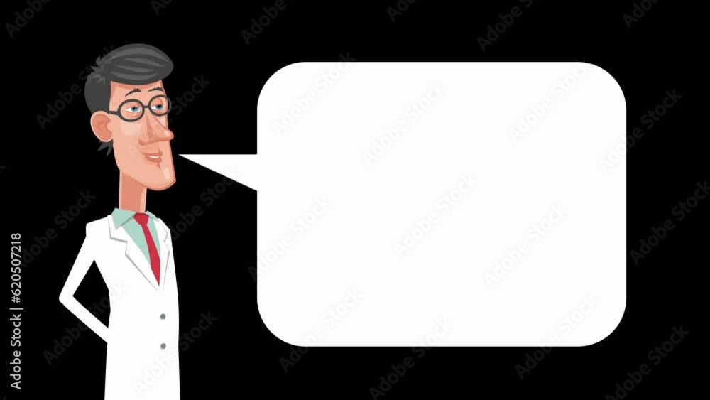 Cartoon young doctor character speaks with speech bubble animation with alpha channel Cartoon young doctor character speaks with speech bubble animation with alpha channel