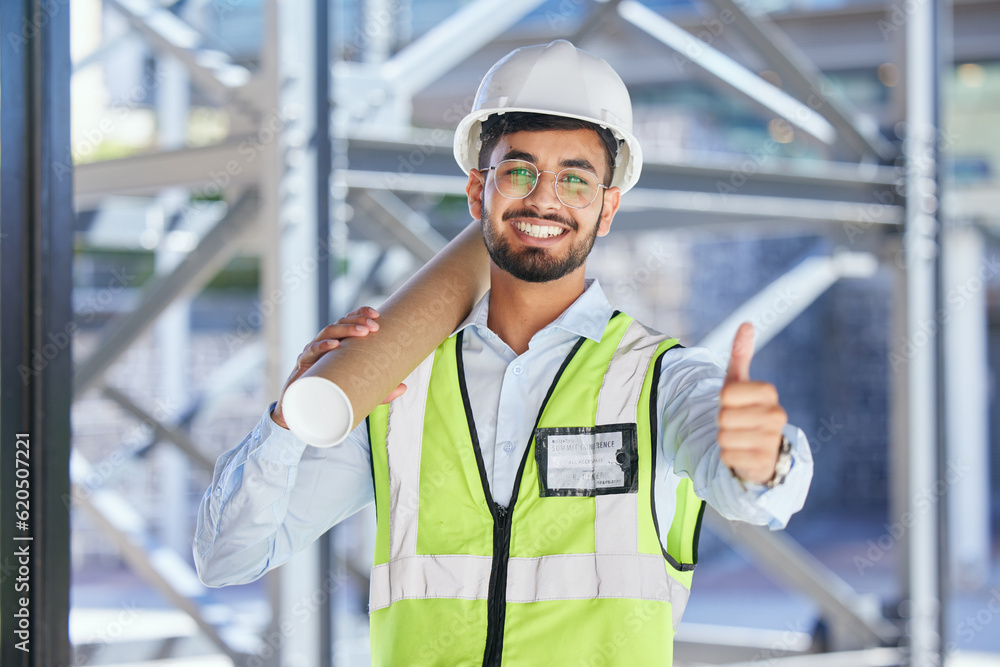 Architecture, thumbs up and portrait of happy man with blueprint at construction site, agreement and deal plan. Engineering, contractor and yes emoji to safety, thank you and planning with smile. Architecture, thumbs up and portrait of happy man with blueprint at construction site, agreement and deal plan. Engineering, contractor and yes emoji to safety, thank you and planning with smile.