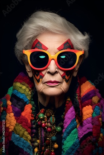 Portrait of a fashionable elderly woman pensioner sits in bright designer clothes and extravagant jewelry in sunglasses on a black background, created by AI