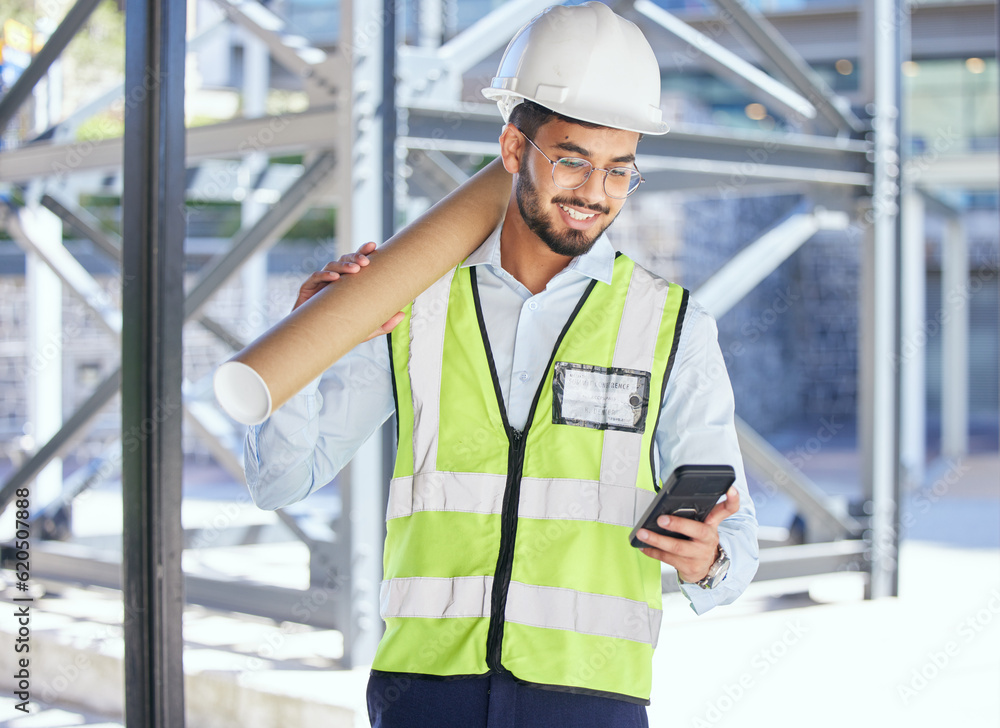 Architecture, phone typing and happy man with blueprint at construction site, networking and communication with text. Engineering, cellphone and checking email with safety and planning with smile. Architecture, phone typing and happy man with blueprint at construction site, networking and communication with text. Engineering, cellphone and checking email with safety and planning with smile.