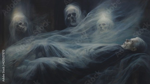 Concept: mystical and supernatural. The ghosts of death stand next to a dying sick man lying on a bed. AI generated photo