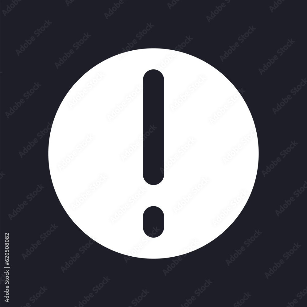 Warning dark mode glyph ui icon. Exclamation mark in circle. Pay attention. User interface design. White silhouette symbol on black space. Solid pictogram for web, mobile. Vector isolated illustration Warning dark mode glyph ui icon. Exclamation mark in circle. Pay attention. User interface design. White silhouette symbol on black space. Solid pictogram for web, mobile. Vector isolated illustration