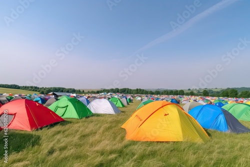 green field full of colorful camping tents