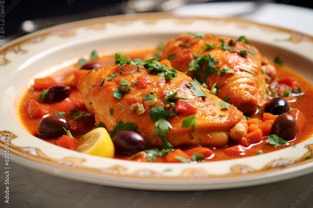 Poulet Basquaise garnished with olives and parsley on a white plate Poulet Basquaise garnished with olives and parsley on a white plate