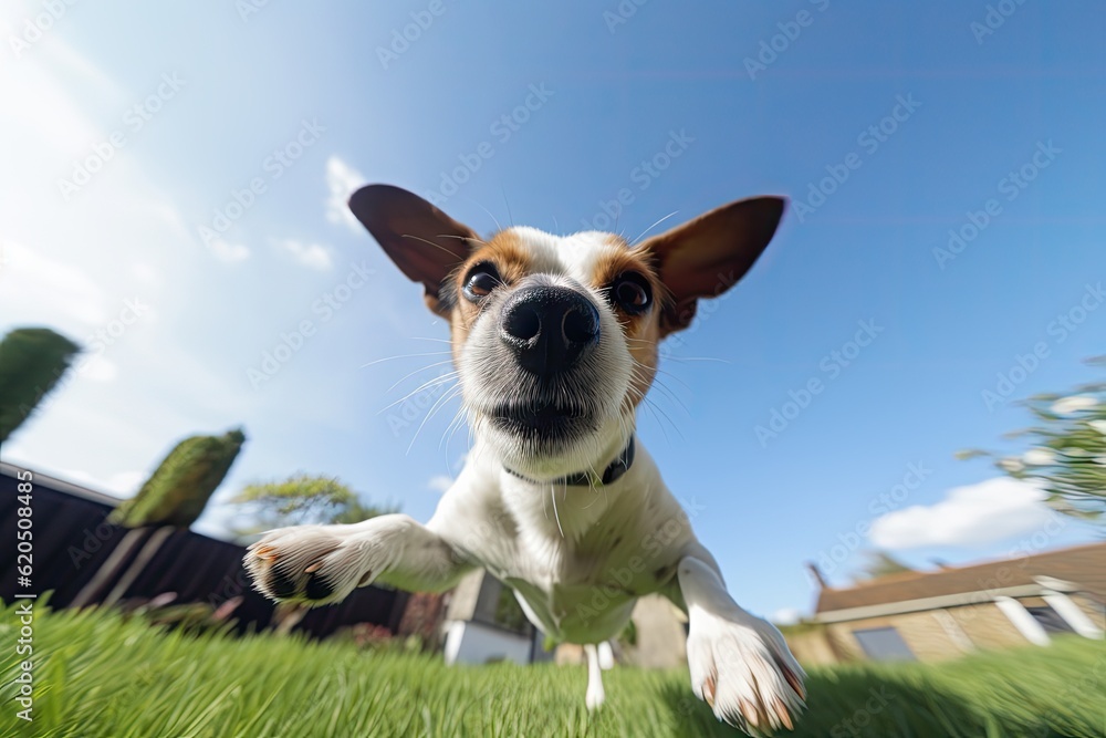 Fototapeta premium jack russel in garden is jumping around on a sunny day