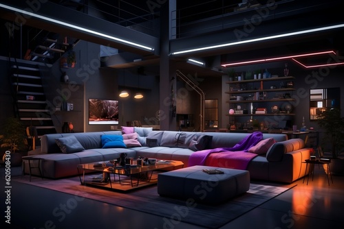 A living room filled with furniture and neon lights. AI