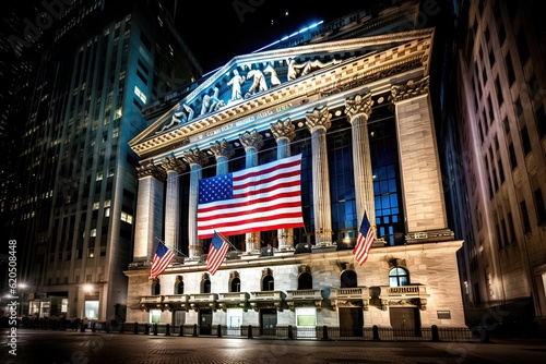 stock exchange at night with american flag hanging on the fascade of the building photo