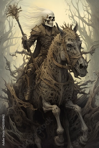 Concept: mystical and supernatural. Scytheman rider on a horse as a symbol of the apocalypse and death. AI generated