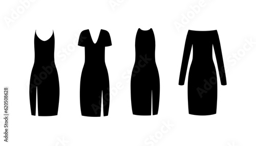 Collection of evening and cocktail dresses. Little black dress. Fashion silhouette apparel. Vector. Set of four women clothing. Clothes icon isolated on white background. Flat illustration.