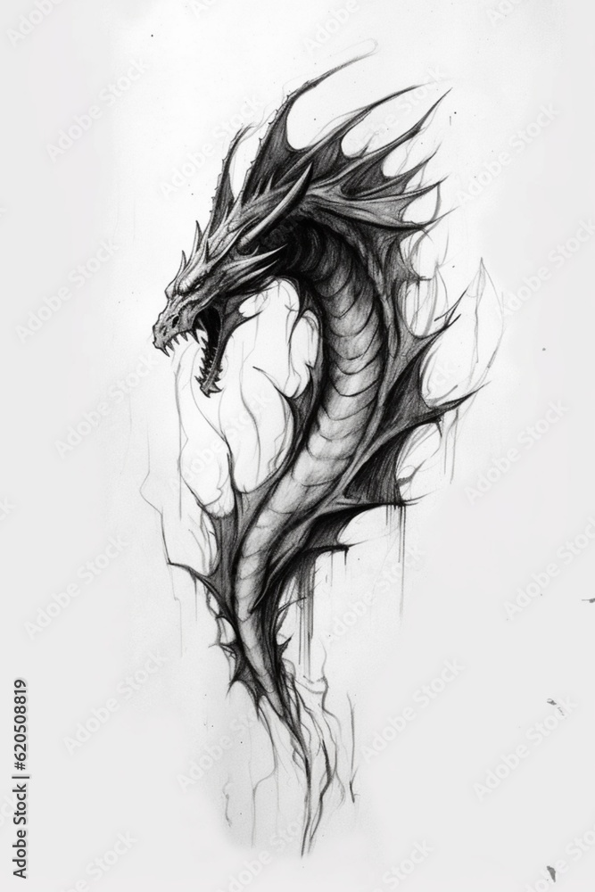 Sketch of an aggressive fantasy dragon in monochrome style, isolated illustration, generated by AI Sketch of an aggressive fantasy dragon in monochrome style, isolated illustration, generated by AI