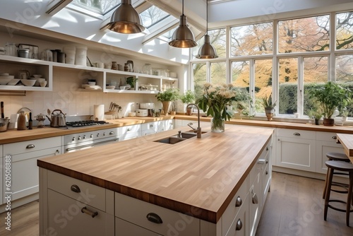 Fotografia A kitchen with a wooden table and white cabinets. AI