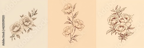Set of sketch of a tattoo blooming flowers in a bouquet and on branches on a beige background, AI generated