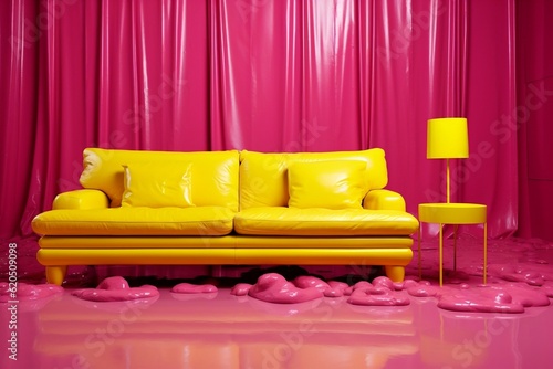 A yellow couch sitting in the middle of a pink room. AI