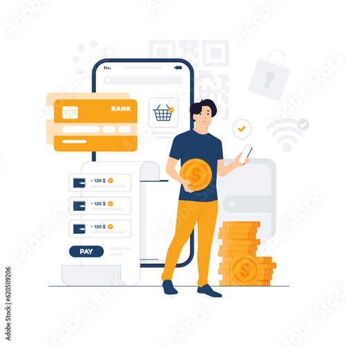 E wallet, digital payment, online transaction with a Man standing and holding mobile phone concept illustration