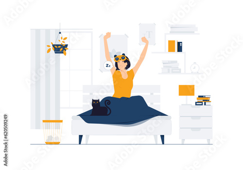 Wake up in the morning, Sweet dreams, good morning, Woman stretching in bed after waking up, entering a day happy and relaxed after good night sleep concept illustration