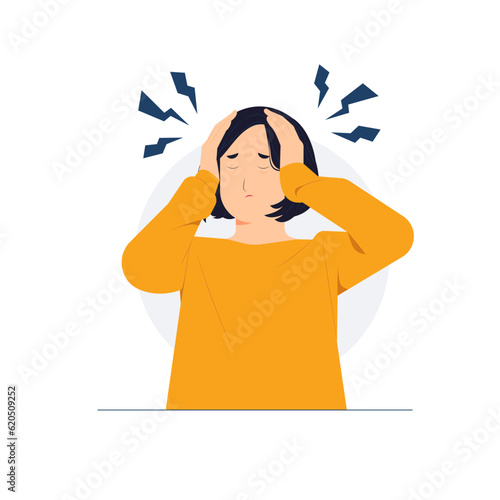 Headache, migraine, dizzy, Tiredness, frustrated.Tired business woman holding her hair under stress during work, Deadline, feeling exhausted because of overwork concept illustration