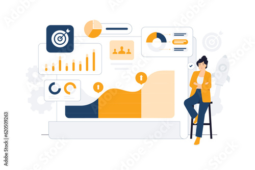 Statistical analysis business finance. Businesswoman sitting next chart to analyzing growth, Site stats, Data inform, Statistics, monitoring financial reports and investments concept illustration