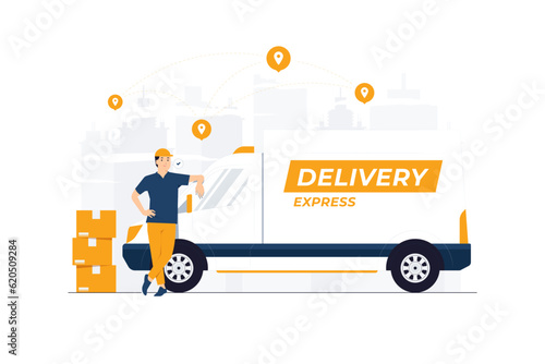 Delivery man standing while leaning on truck with cardboard boxes courier shipping order concept illustration