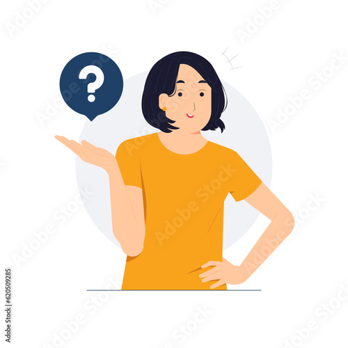 Confused uncertain Feeling in doubtful decision, Thinking woman worry and think with serious thoughtful expression, question mark, dilemma, undecided concept illustration