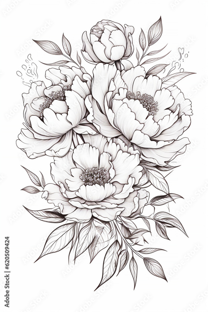 Sketch of a tattoo blooming flowers in a bouquet and on branches, AI generated Sketch of a tattoo blooming flowers in a bouquet and on branches, AI generated