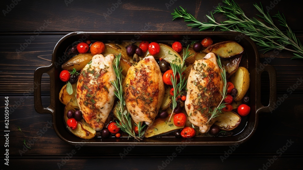 Grilled chicken breast in different variations with cherry tomatoes, green French beans, garlic, herbs, cut lemon. rustic Generative AI. Grilled chicken breast in different variations with cherry tomatoes, green French beans, garlic, herbs, cut lemon. rustic Generative AI.