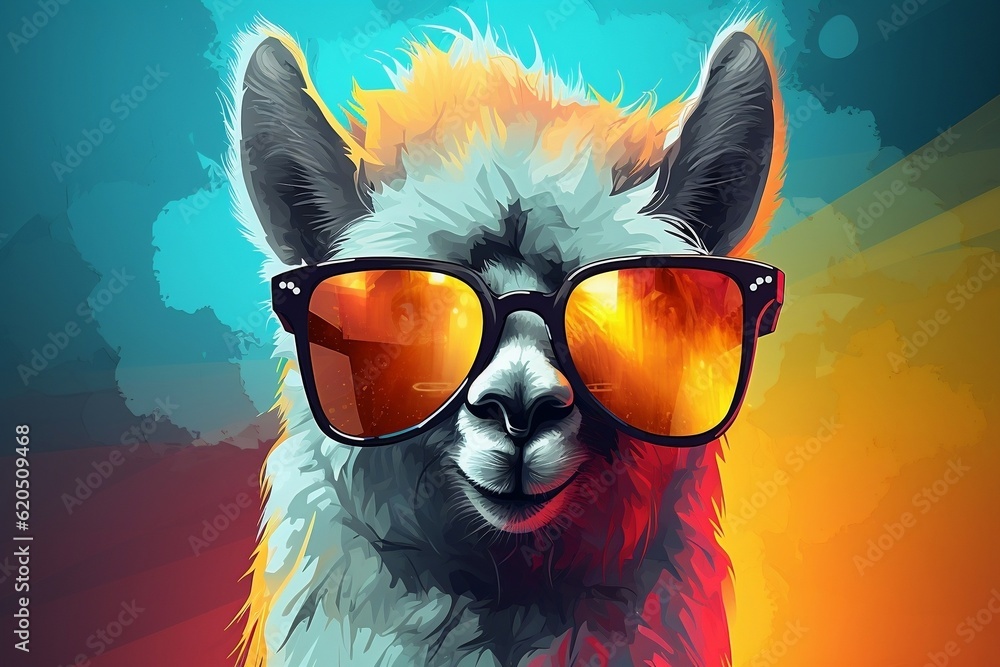 A llama wearing sunglasses with a colorful background. AI