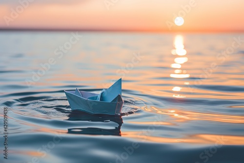 A small paper boat floating on the ocean. . Generative AI