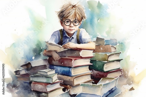 The child is engaged in self-education, disciplined reading a book, sits on a large stack of textbooks, illustration in a watercolor style, generated by AI