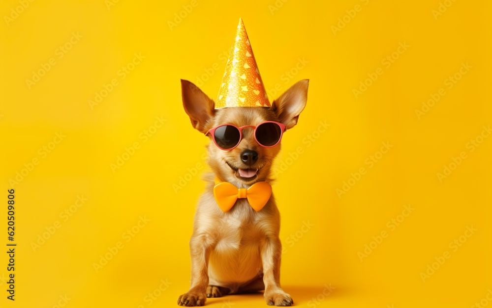Cute dog in Party Hat, orange bow tie and Sunglasses over bright Yellow Background. Funny Pet Celebration