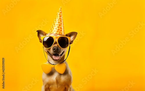 Cute dog in Party Hat, bow tie and Sunglasses over bright Yellow Background. Funny Pet Celebration © lanters_fla