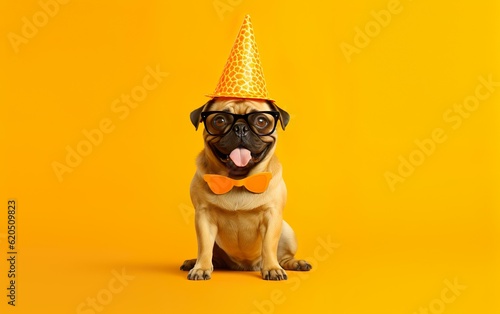 French Bulldog in Party Hat and Sunglasses over Yellow Background. Funny Pet dog Celebrating. © lanters_fla