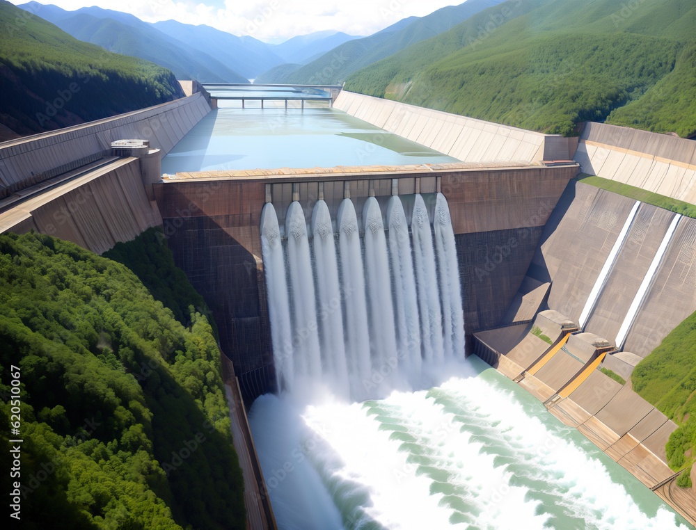 Aerial view of a massive hydroelectric dam,  generative ai. Green energy generation surrounded by nature