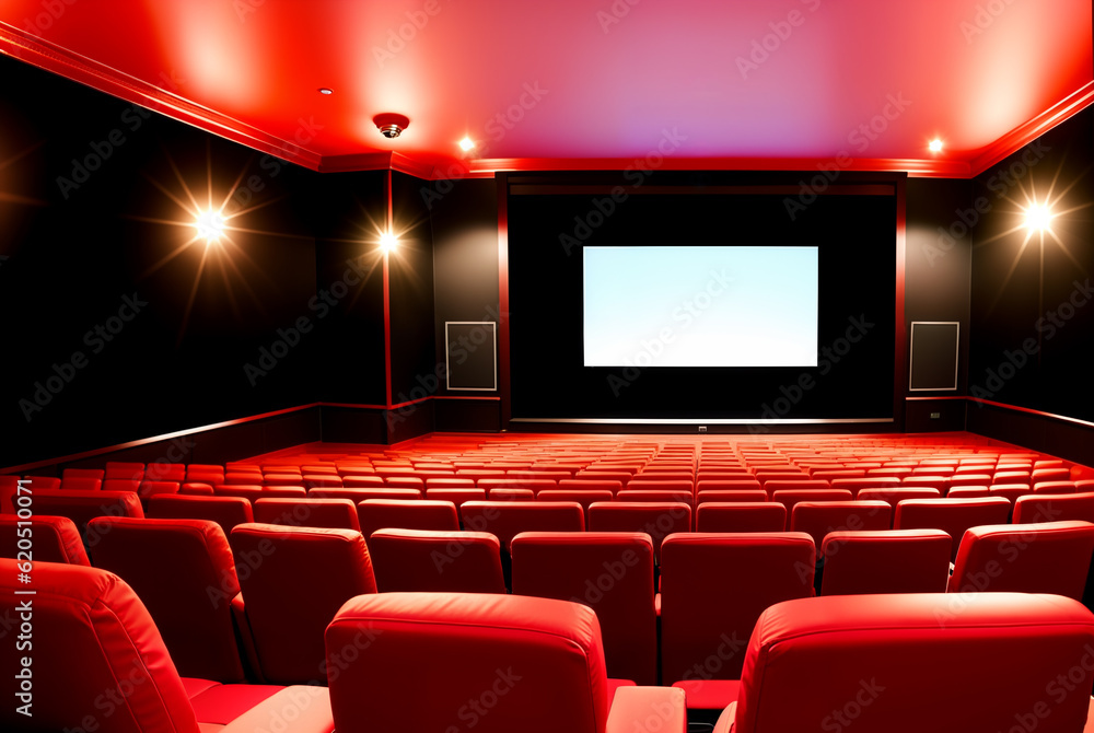 Empty cinema auditorium with empty screen, generative ai. Cinema blank wide screen and red chairs in the cinema hall