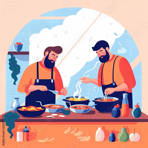 skinned friends cook food, flat illustration Generative AI