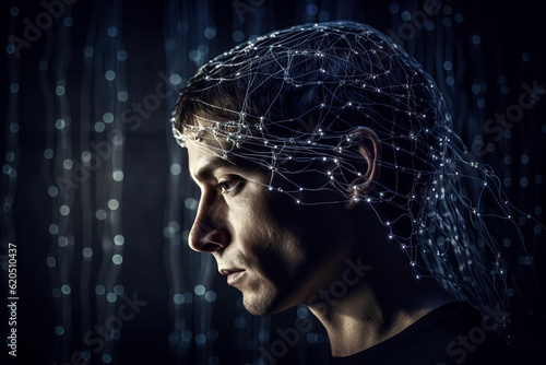 portrait of man working with neural networks in cyberspace. Concept of artificial intelligence and virtual innovation technologies of future. Generative AI