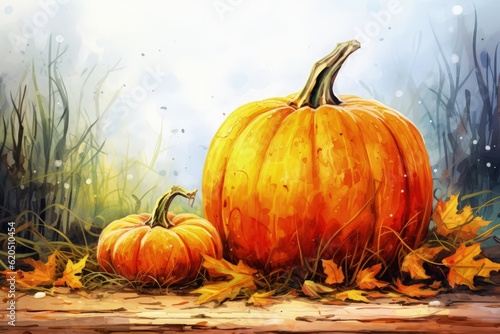  Watercolor background with pumpkin illustration. Generative AI