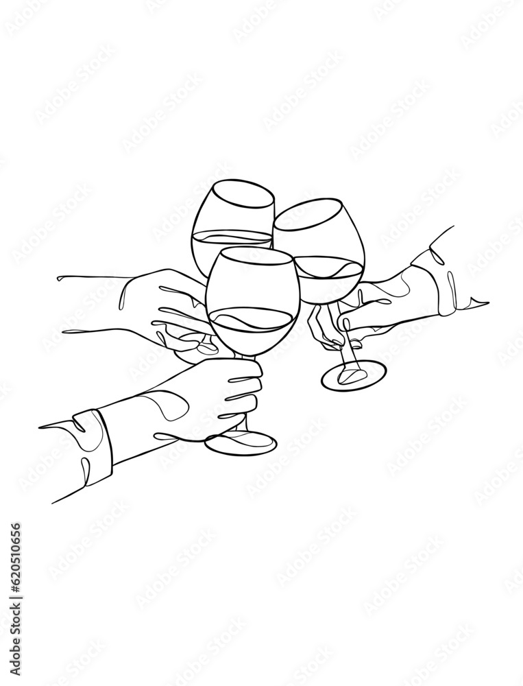 Continuous One Line Drawing Of Hands Cheering With Glasses Of Wine