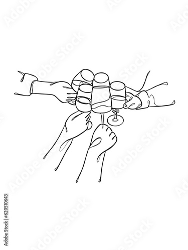 Continuous one line drawing of hands cheering with glasses of wine. Vector illustration.