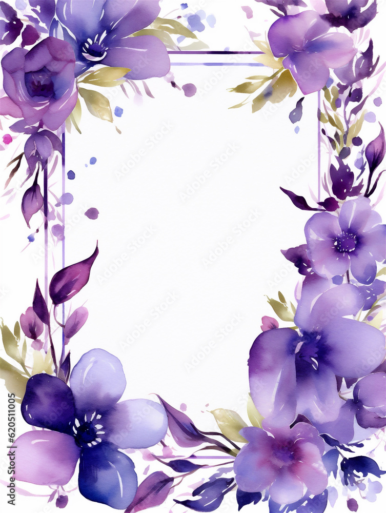 Watercolor frame with purple flowers on white background with copy space inside. Ai generated Watercolor frame with purple flowers on white background with copy space inside. Ai generated