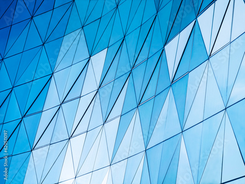 Glass wall Triangle pattern Blue colour reflection Modern background