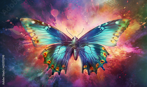  a blue butterfly with multicolored wings flying through the air.  generative ai © Anna