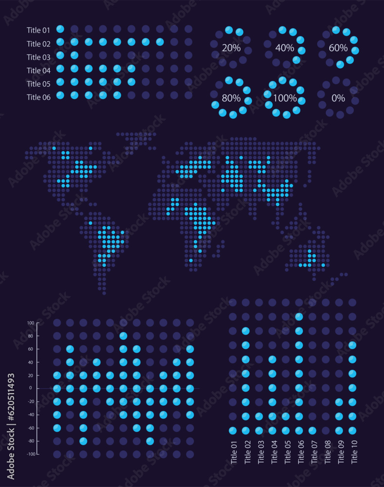 Global information collecting infographic chart design template set for dark theme. Visual data presentation. Editable bar graphs and circular diagrams collection. Myriad Variable Concept font used