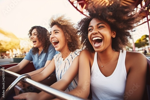A multiethnic group of friends enjoying a day at an amusement park, riding roller coasters and sharing laughter Generative AI
