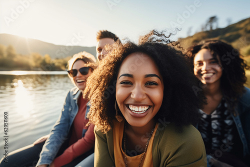 A multiethnic group of friends enjoying a boat ride on a serene lake, their smiles mirroring the calm waters Generative AI © Denis Yevtekhov